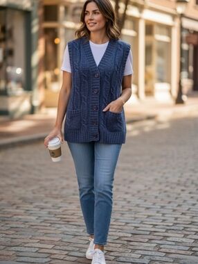 L.L. Bean Blue Cable Knit Cardigan Vest